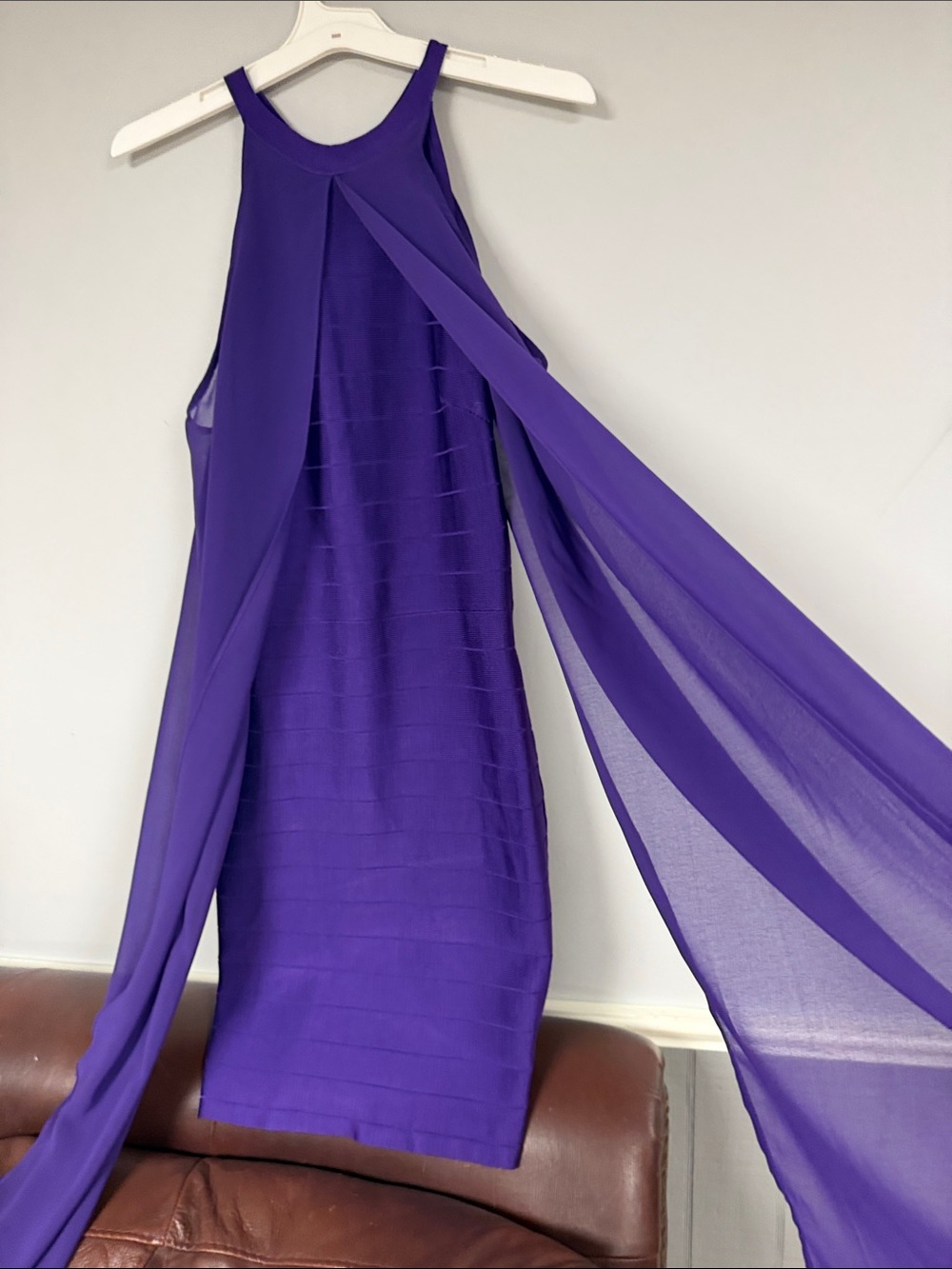 Venus Purple Halter Neck Super Stretchy Dress with Sheer Flowy Wrap Panels, 6